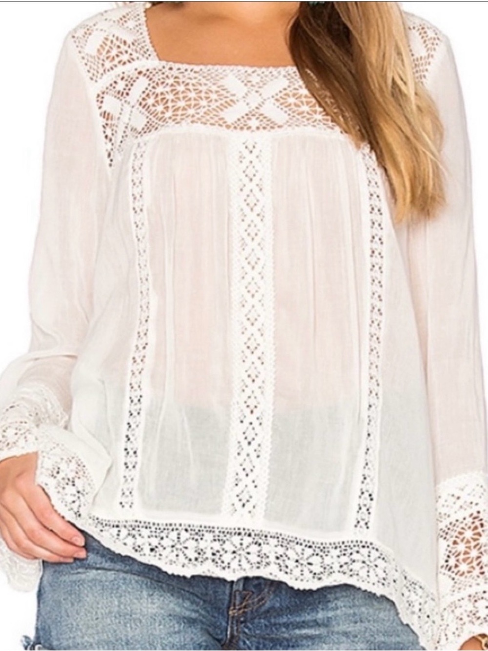 Spell Collective NWOT White Crochet Sunday Feels Gauzy Top Cotton Blouse S BOHO